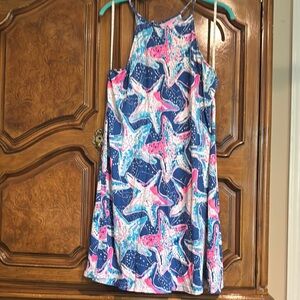 Lilly Pulitzer Halter Dress - Blue and Pink Starfish Pom Pom tie in back Sz L